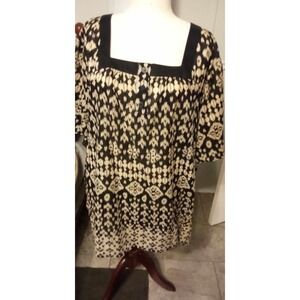 Liz & Me Womens Plus 5X Black Tan Ikat Print Square Neck Cotton Tunic Blouse